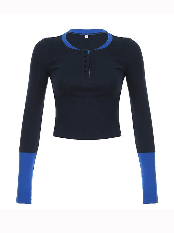 NAVY AND BLUE LONG-SLEEVED TOP WITH COLOR BLOCK DESIGN