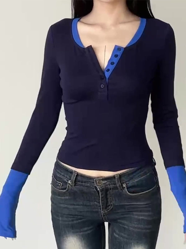 NAVY AND BLUE LONG-SLEEVED TOP WITH COLOR BLOCK DESIGN