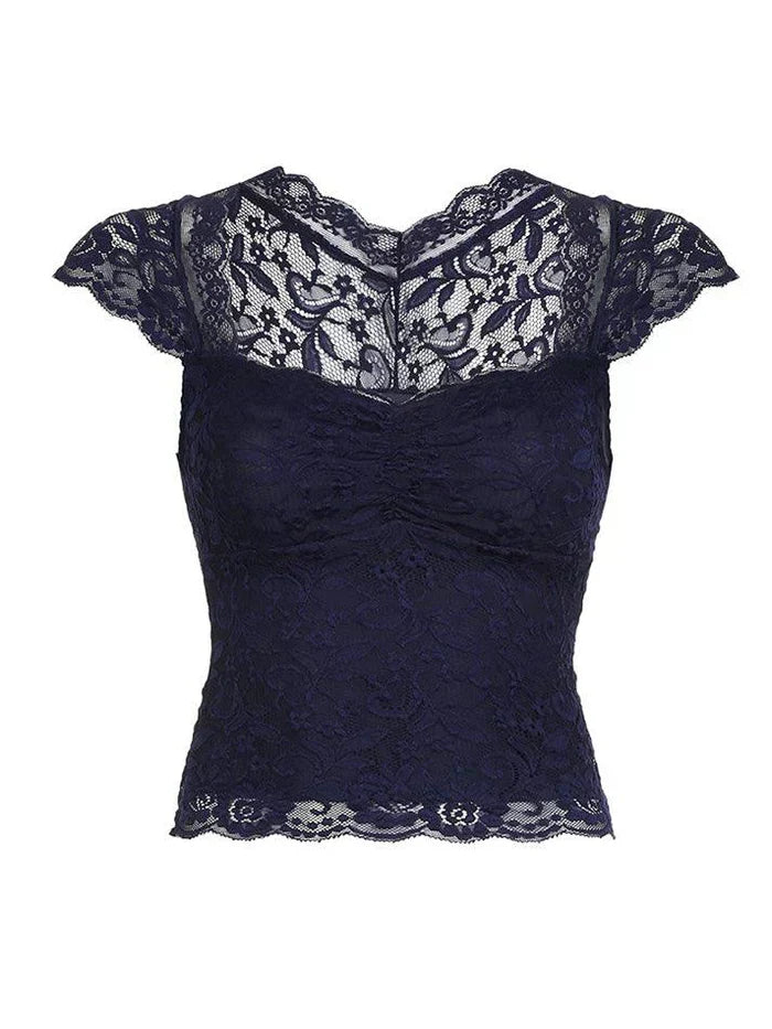 NAVY BLUE LACE TOP SHORT SLEEVE TEE LOOSE FIT