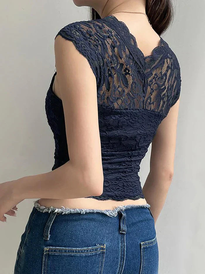 NAVY BLUE LACE TOP - LACE SLIM SHORT DESIGN