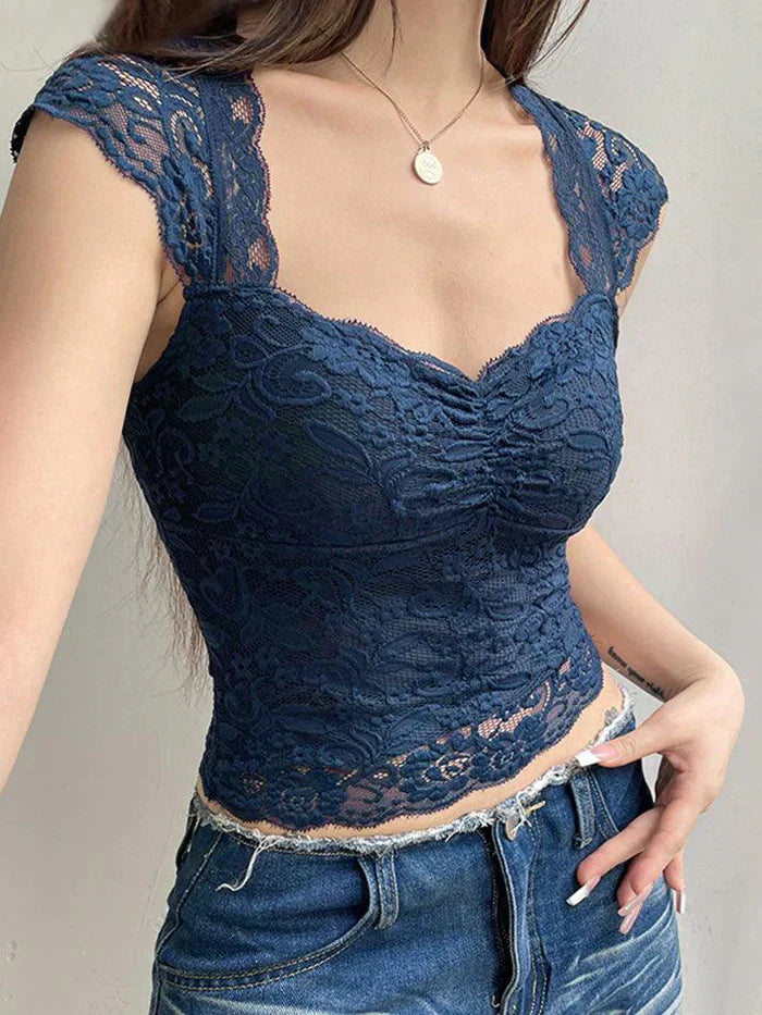 NAVY BLUE LACE TOP - LACE SLIM SHORT DESIGN