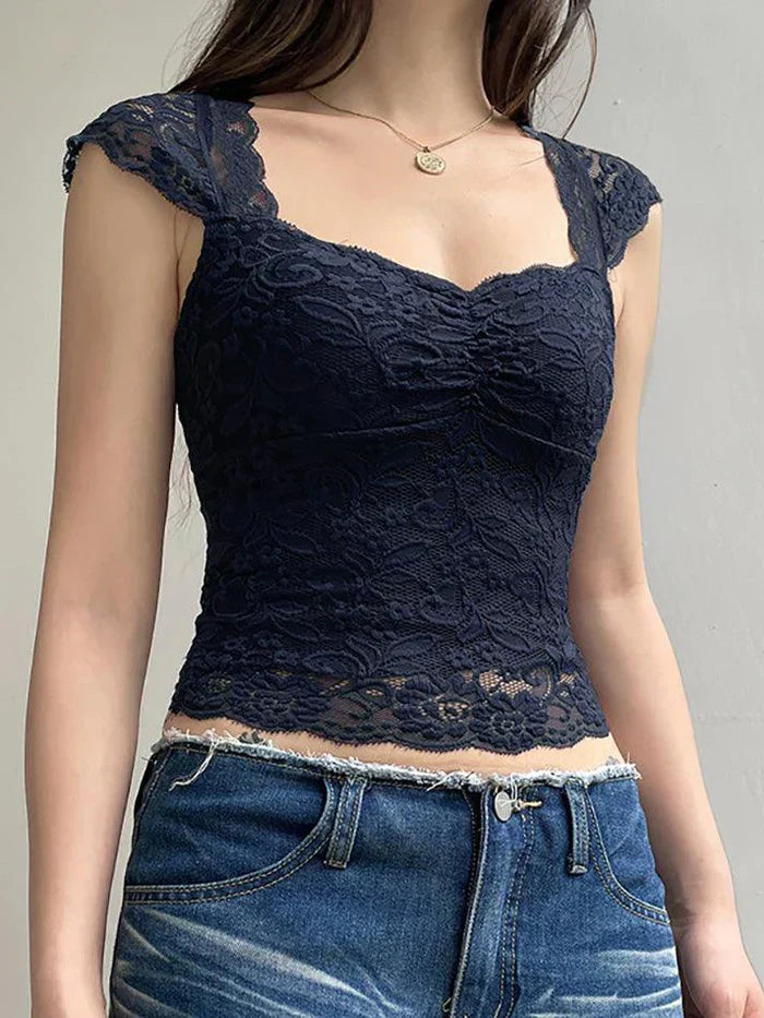 NAVY BLUE LACE TOP - LACE SLIM SHORT DESIGN