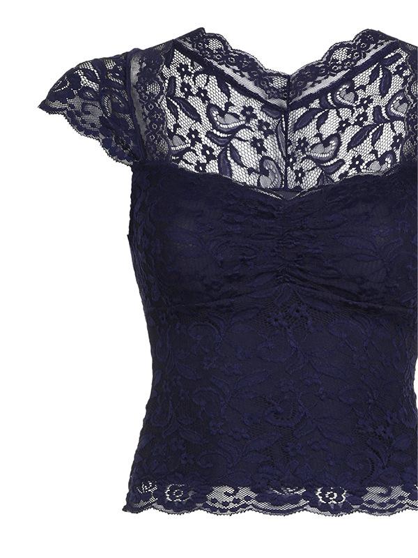 NAVY BLUE LACE TOP WITH SHORT SLEEVES, DARK BLUE LACE DESIGN
