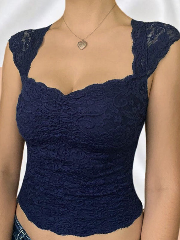 NAVY BLUE LACE TOP WITH SHORT SLEEVES, DARK BLUE LACE DESIGN