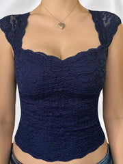 NAVY BLUE LACE TOP WITH SHORT SLEEVES, DARK BLUE LACE DESIGN