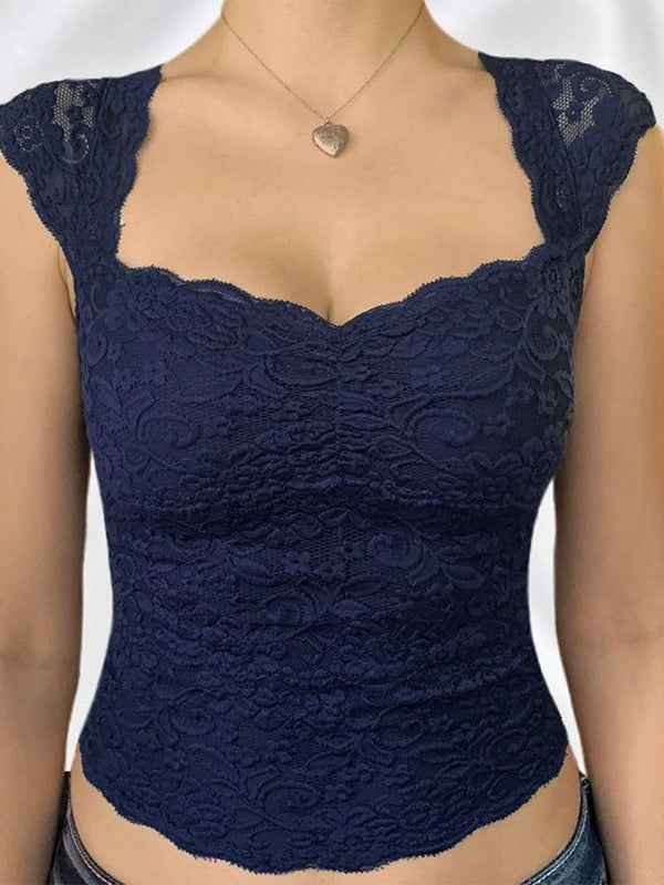 NAVY BLUE LACE TOP WITH SHORT SLEEVES, DARK BLUE LACE DESIGN