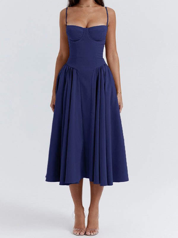 NAVY BLUE MIDI DRESS WITH VINTAGE CAMI STYLE ELEMENTS