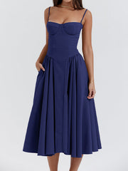 NAVY BLUE MIDI DRESS WITH VINTAGE CAMI STYLE ELEMENTS