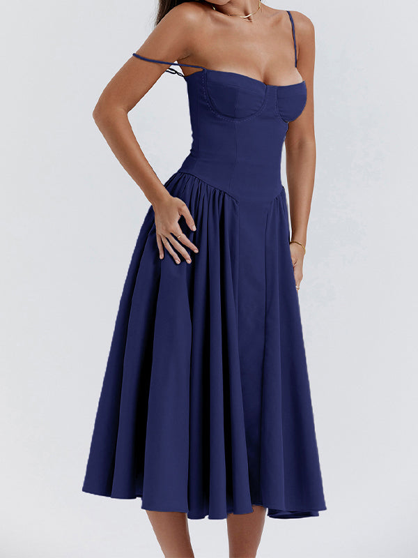NAVY BLUE MIDI DRESS WITH VINTAGE CAMI STYLE ELEMENTS