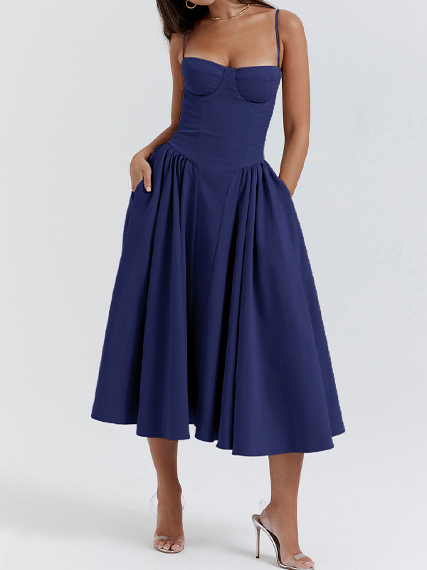 NAVY BLUE MIDI DRESS WITH VINTAGE CAMI STYLE ELEMENTS