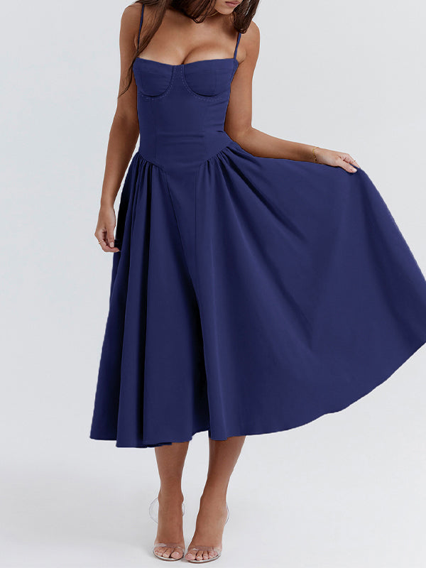 NAVY BLUE MIDI DRESS WITH VINTAGE CAMI STYLE ELEMENTS