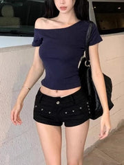 NAVY BLUE OFF-THE-SHOULDER TOP AND BLACK SHORTS IRREGULAR SHOULDER DESIGN