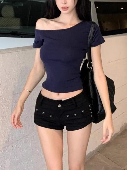 NAVY BLUE OFF-THE-SHOULDER TOP AND BLACK SHORTS IRREGULAR SHOULDER DESIGN