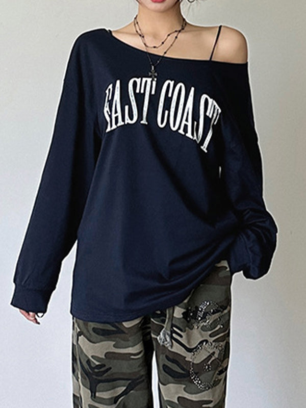NAVY BLUE ONE-SHOULDER LONG-SLEEVE SHIRT FOR TRENDY RETRO STREET STYLE