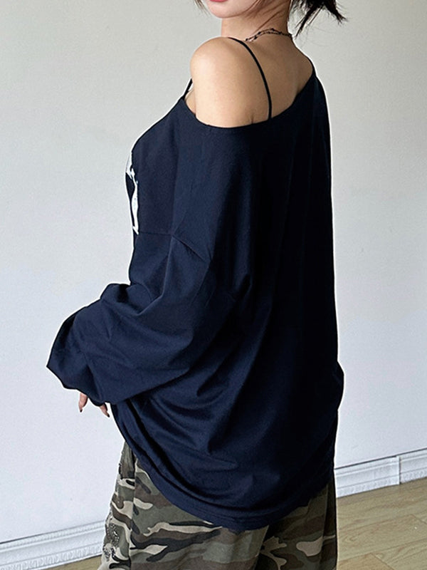 NAVY BLUE ONE-SHOULDER LONG-SLEEVE SHIRT FOR TRENDY RETRO STREET STYLE