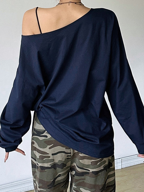 NAVY BLUE ONE-SHOULDER LONG-SLEEVE SHIRT FOR TRENDY RETRO STREET STYLE