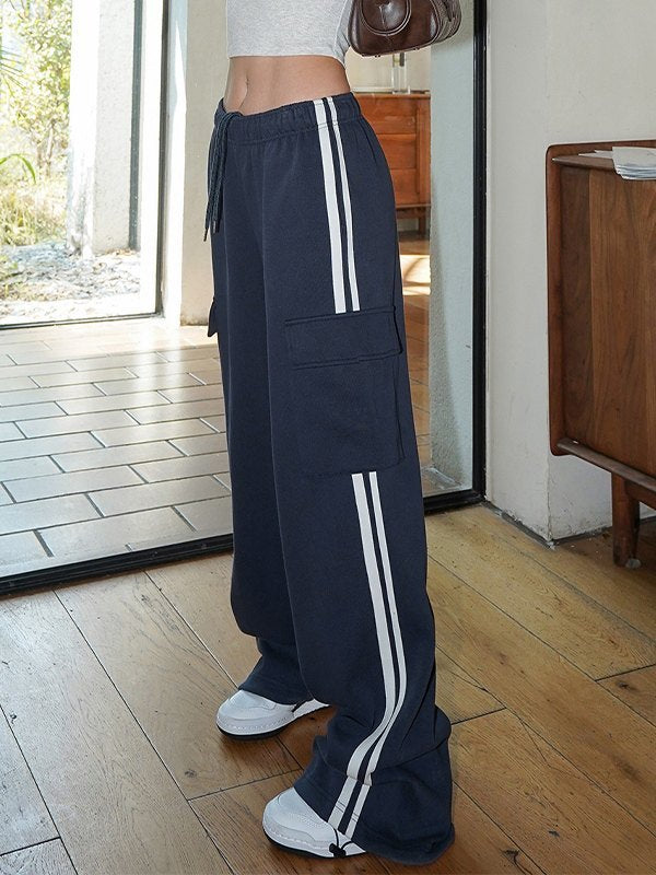 NAVY BLUE SWEATPANTS WITH WHITE STRIPES - RETRO GIRLS LOOSE FIT