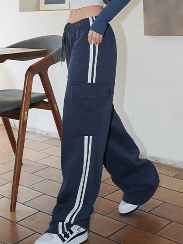 NAVY BLUE SWEATPANTS WITH WHITE STRIPES - RETRO GIRLS LOOSE FIT