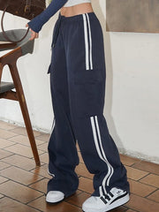NAVY BLUE SWEATPANTS WITH WHITE STRIPES - RETRO GIRLS LOOSE FIT