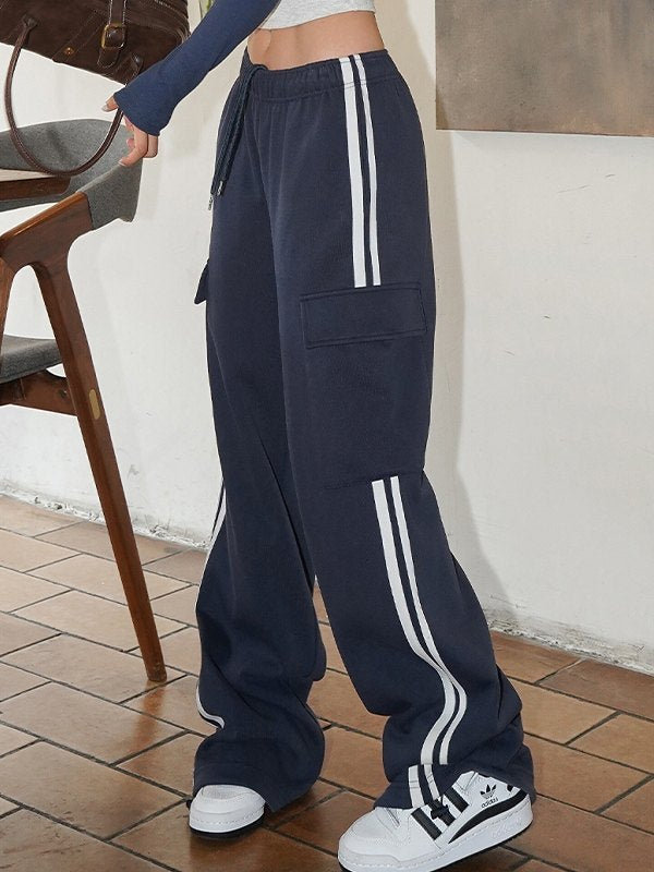 NAVY BLUE SWEATPANTS WITH WHITE STRIPES - RETRO GIRLS LOOSE FIT