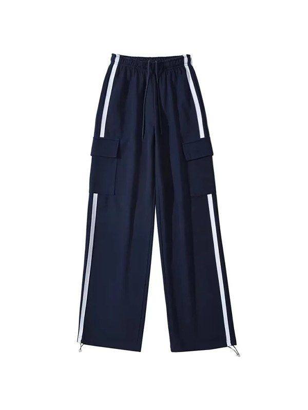 NAVY BLUE SWEATPANTS WITH WHITE STRIPES - RETRO GIRLS LOOSE FIT