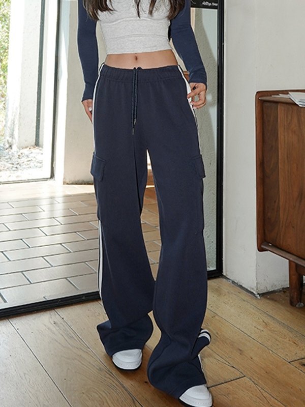 NAVY BLUE SWEATPANTS WITH WHITE STRIPES - RETRO GIRLS LOOSE FIT