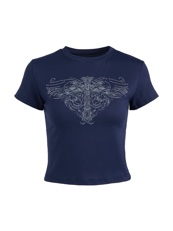 NAVY BLUE T-SHIRT WITH RHINESTONE CROSS DESIGN - PUNK CROSS RHINESTONE