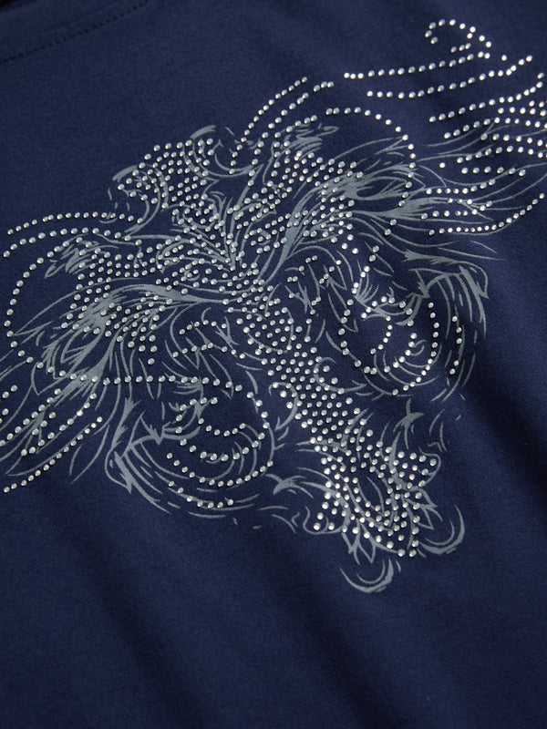 NAVY BLUE T-SHIRT WITH RHINESTONE CROSS DESIGN - PUNK CROSS RHINESTONE