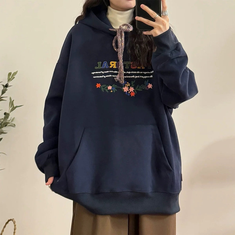 NAVY FLORAL EMBROIDERED INDIE HOODIE PASTORAL PRINT