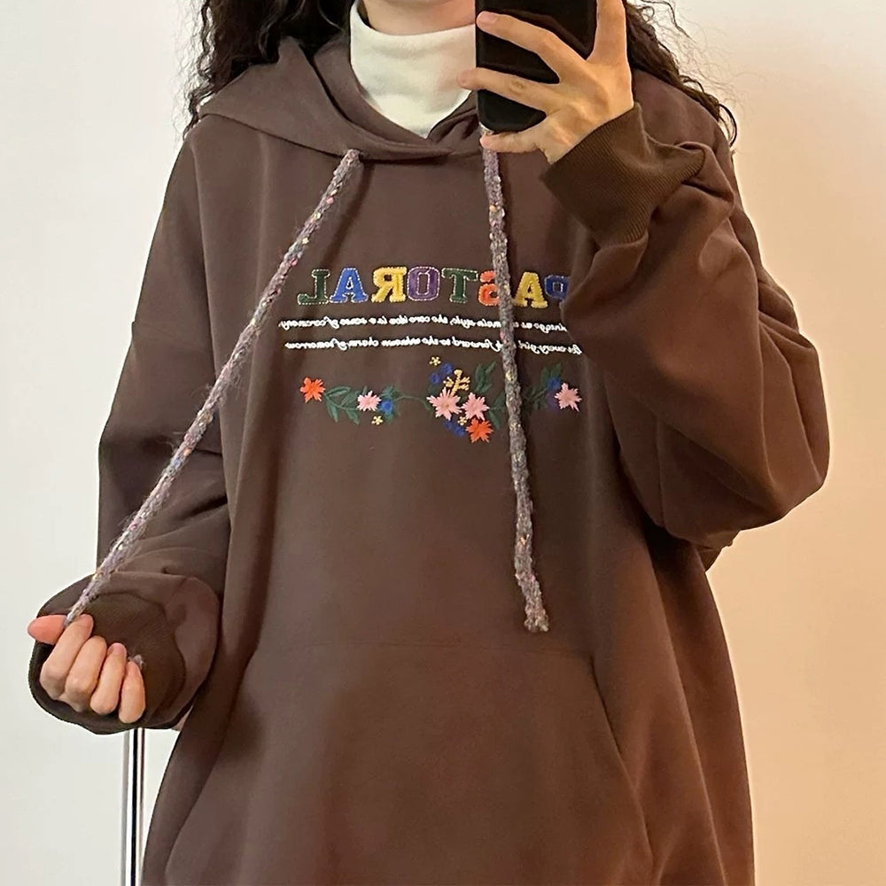 NAVY FLORAL EMBROIDERED INDIE HOODIE PASTORAL PRINT