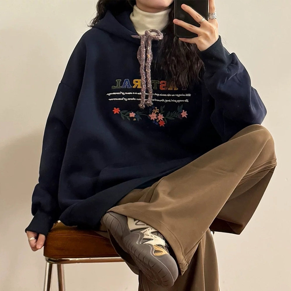 NAVY FLORAL EMBROIDERED INDIE HOODIE PASTORAL PRINT