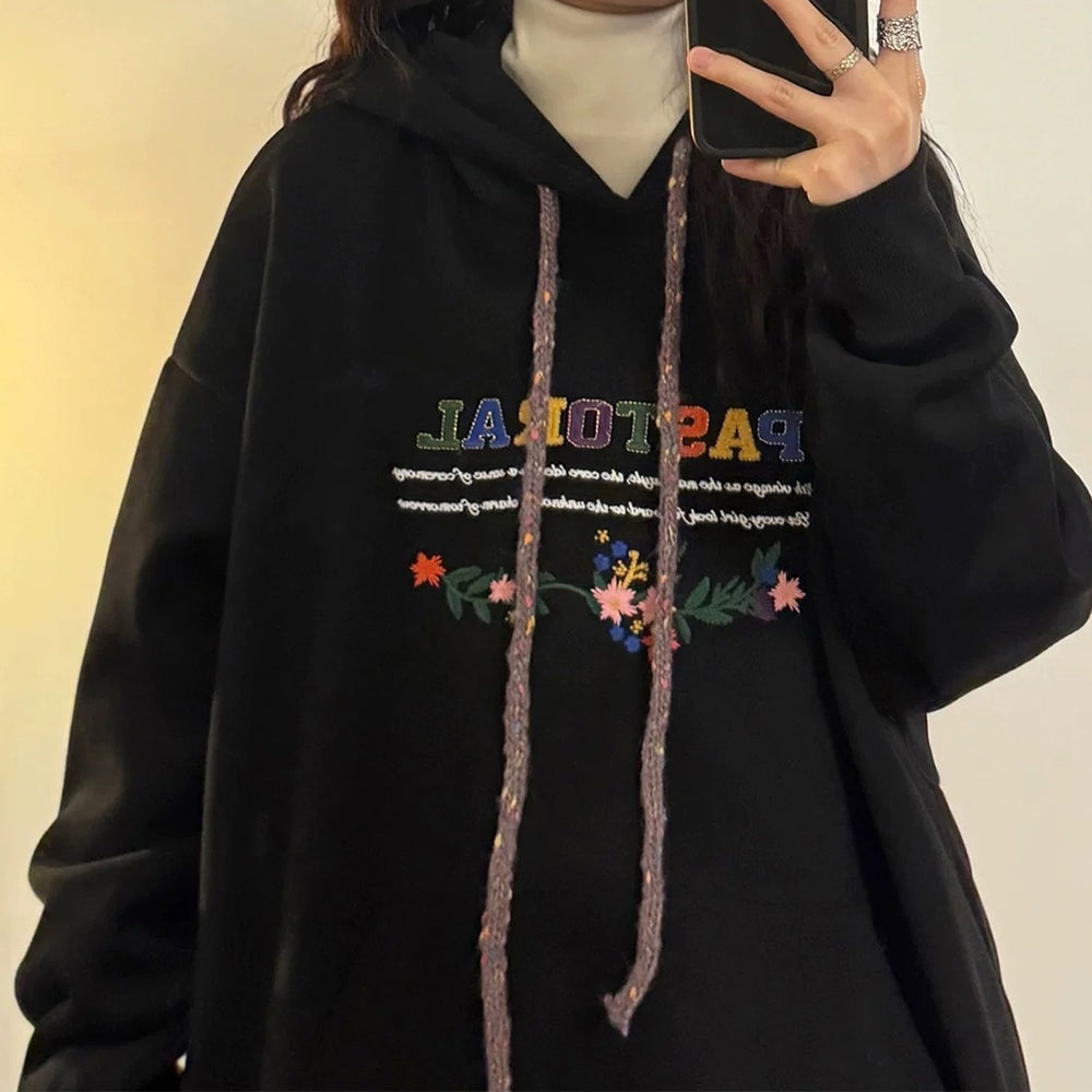 NAVY FLORAL EMBROIDERED INDIE HOODIE PASTORAL PRINT