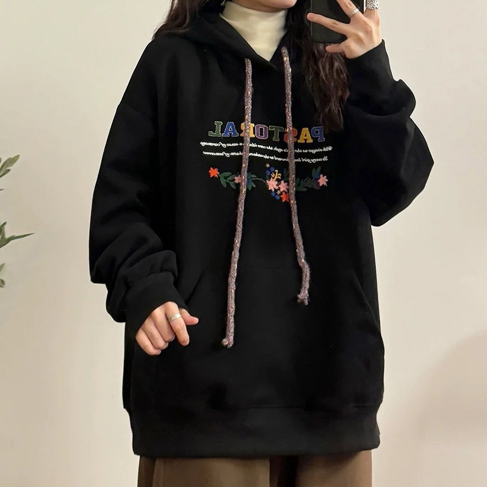 NAVY FLORAL EMBROIDERED INDIE HOODIE PASTORAL PRINT