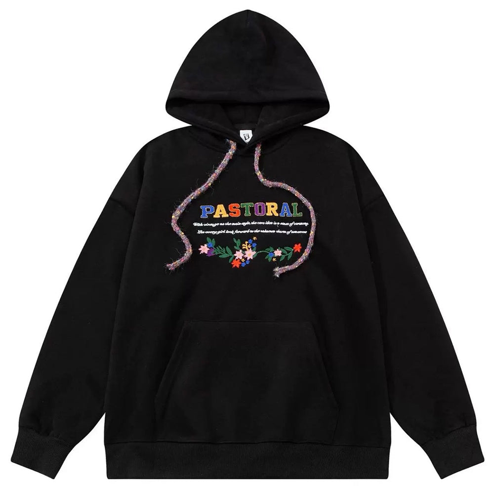 NAVY FLORAL EMBROIDERED INDIE HOODIE PASTORAL PRINT
