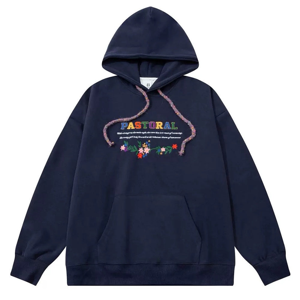 NAVY FLORAL EMBROIDERED INDIE HOODIE PASTORAL PRINT