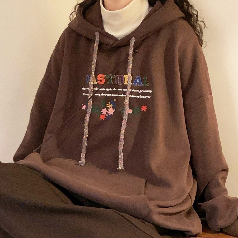 NAVY FLORAL EMBROIDERED INDIE HOODIE PASTORAL PRINT