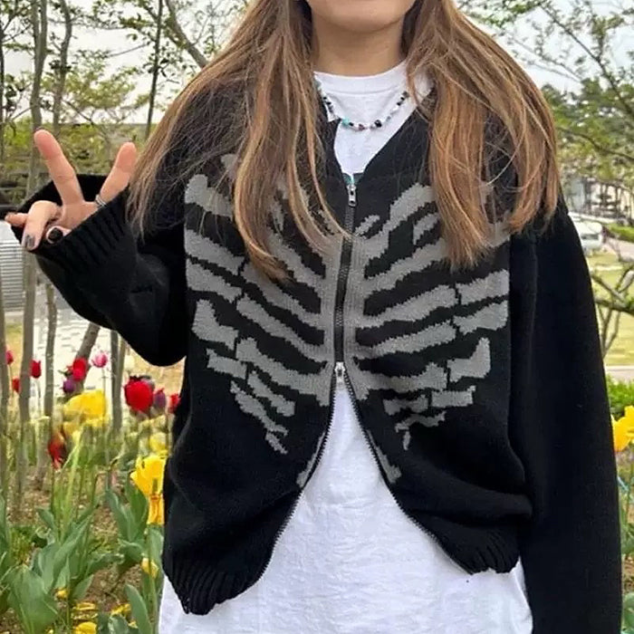 NAVY HEART SKELETON ZIP-UP SWEATER WITH STRIKING SKELETON GRAPHIC