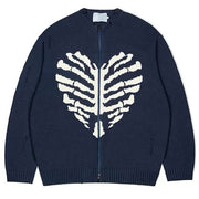 NAVY HEART SKELETON ZIP-UP SWEATER WITH STRIKING SKELETON GRAPHIC