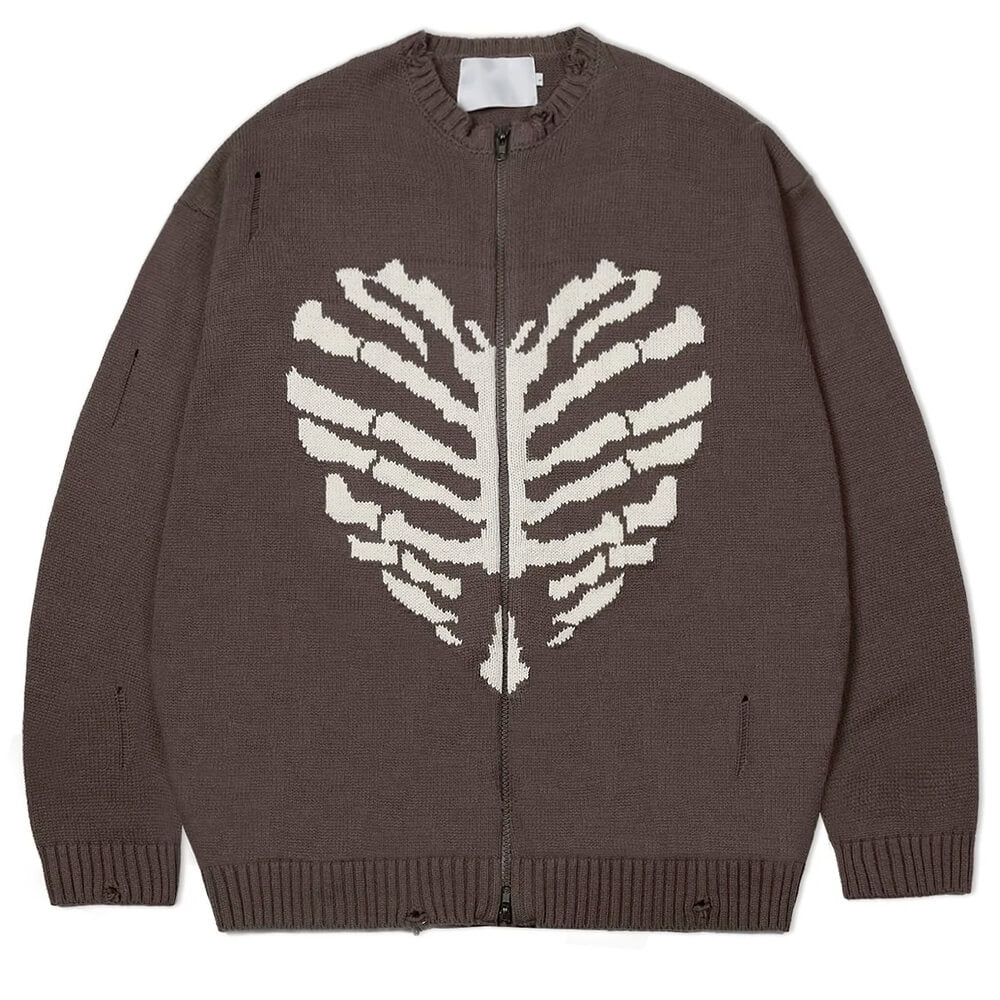 NAVY HEART SKELETON ZIP-UP SWEATER WITH STRIKING SKELETON GRAPHIC