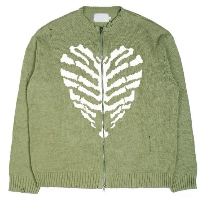 NAVY HEART SKELETON ZIP-UP SWEATER WITH STRIKING SKELETON GRAPHIC