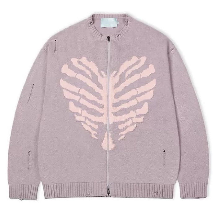 NAVY HEART SKELETON ZIP-UP SWEATER WITH STRIKING SKELETON GRAPHIC
