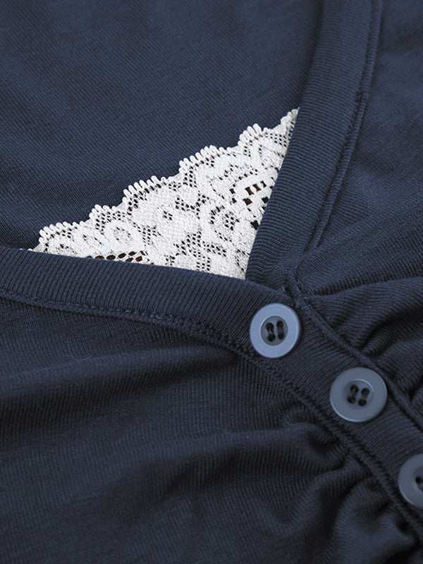NAVY LONG-SLEEVED BUTTON-UP SHIRT WITH BLUE VINTAGE LACE DETAILS