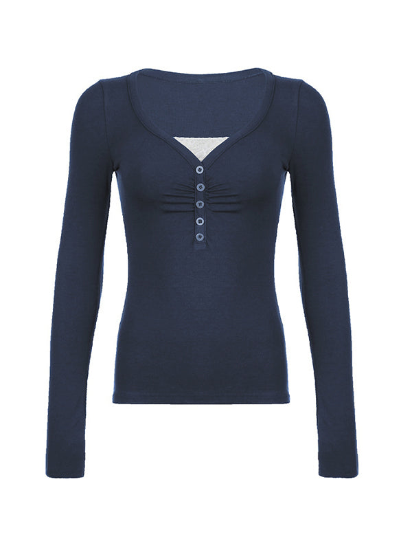 NAVY LONG-SLEEVED BUTTON-UP SHIRT WITH BLUE VINTAGE LACE DETAILS