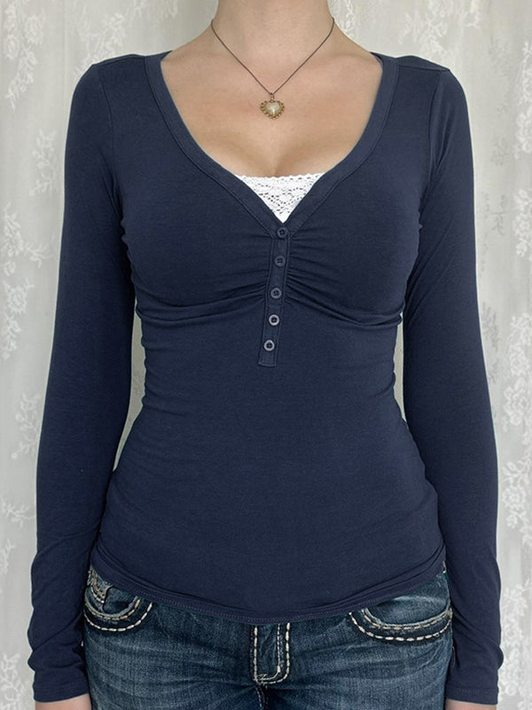NAVY LONG-SLEEVED BUTTON-UP SHIRT WITH BLUE VINTAGE LACE DETAILS