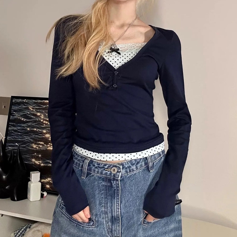 NAVY POLKA DOT LAYERED LONG SLEEVE TOP