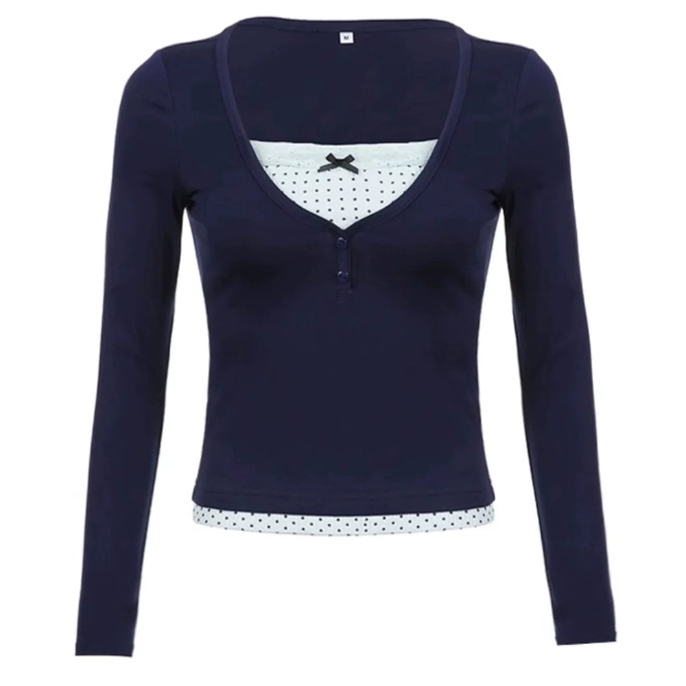 NAVY POLKA DOT LAYERED LONG SLEEVE TOP