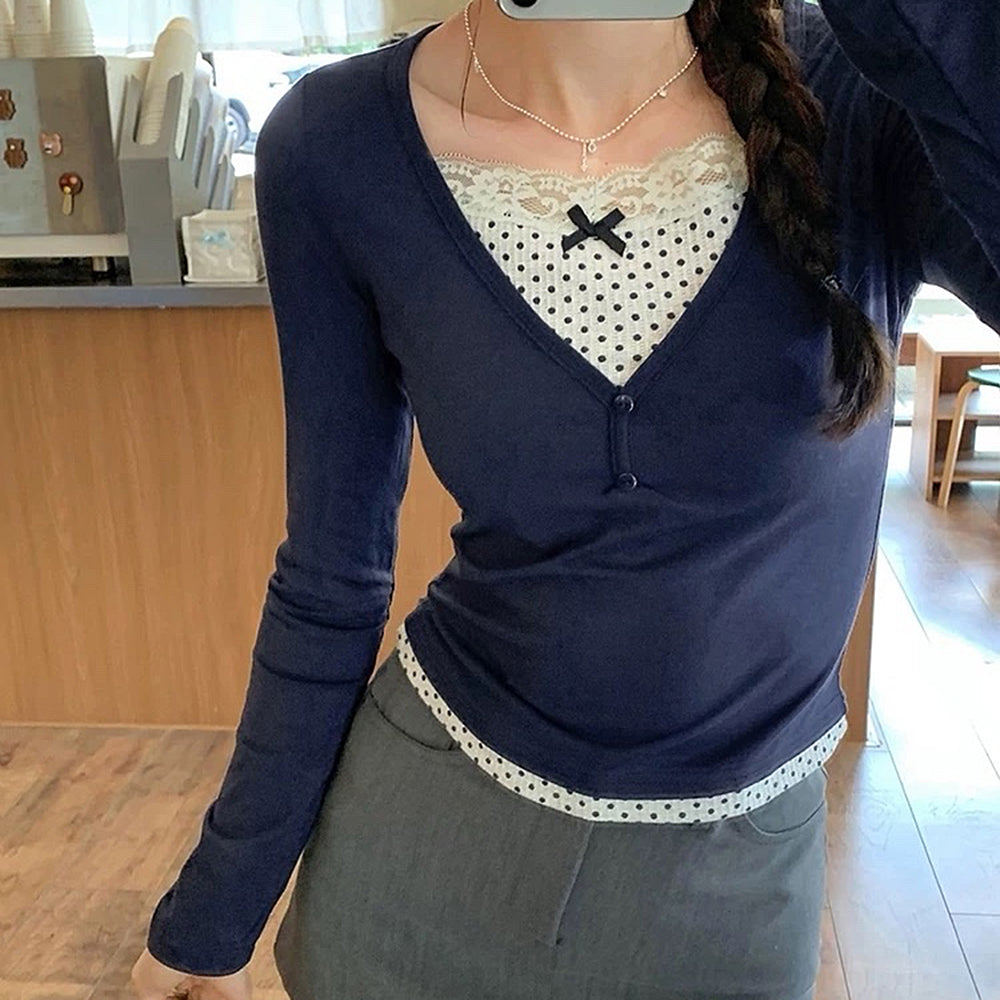 NAVY POLKA DOT LAYERED LONG SLEEVE TOP