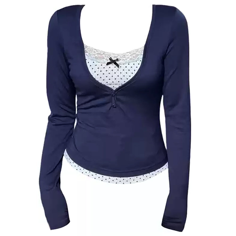 NAVY POLKA DOT LAYERED LONG SLEEVE TOP
