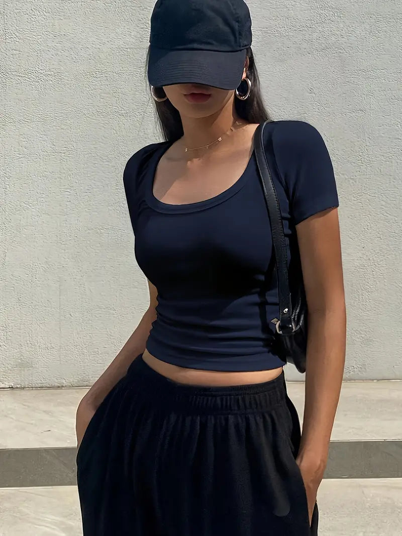 NAVY RIBBED CROP TOP - NAVY BLUE Y2K STYLE