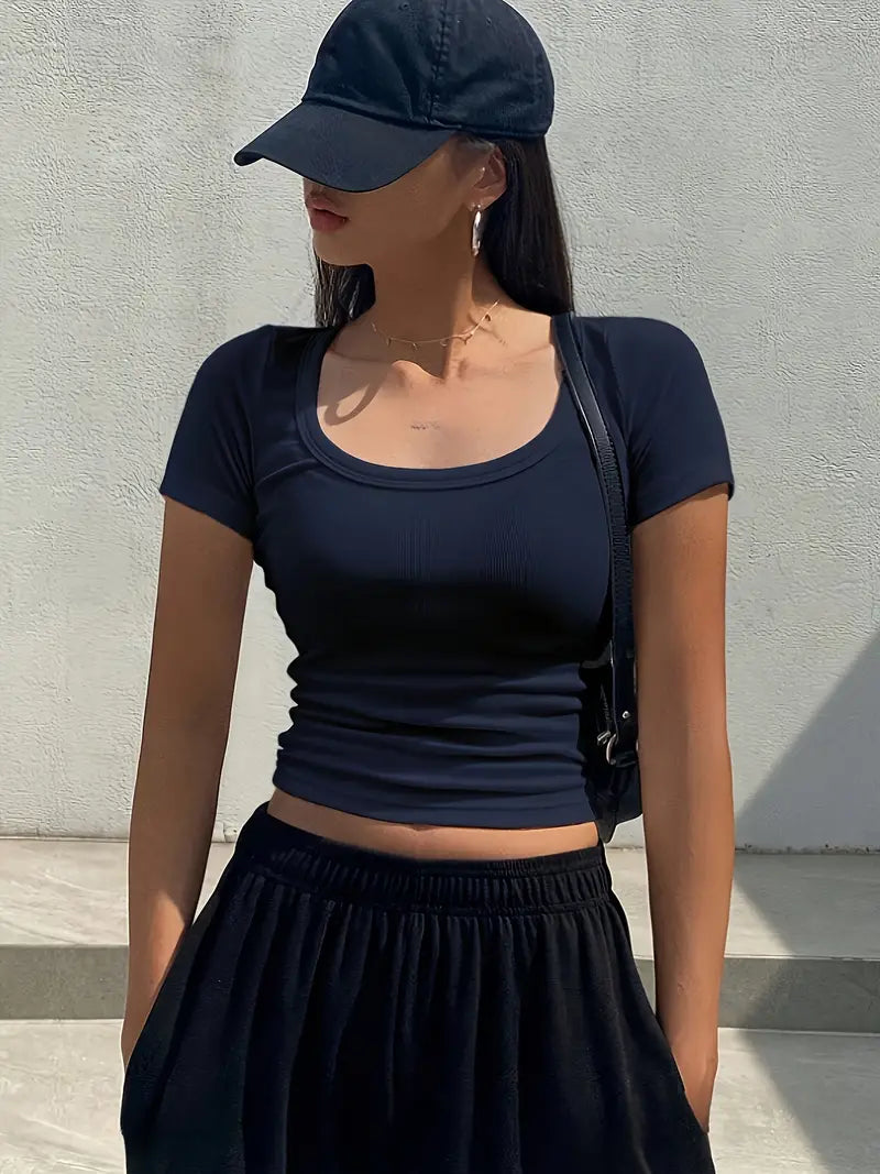 NAVY RIBBED CROP TOP - NAVY BLUE Y2K STYLE